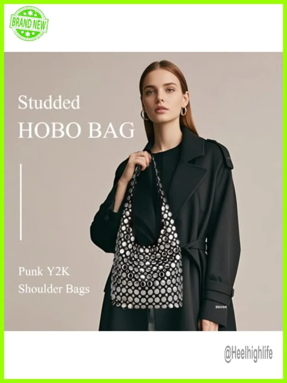 Studded Y2K PU Leather Hobo Shoulder Bag Punk Tote Handbag